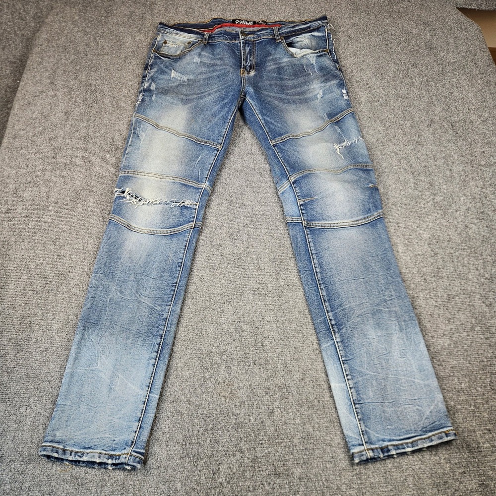 Preme Mens Distressed Biker Jeans Light Wash Moto Denim 38x34 Slim Straight